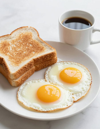 Breakfast with fried eggs, coffee and toast on white background.