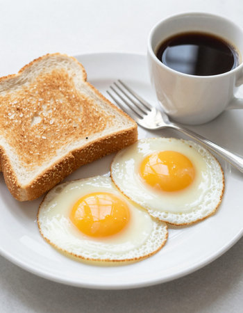 Breakfast with fried eggs, toast and coffee on white background.