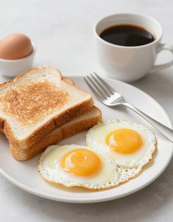 Breakfast with fried eggs and coffee on white background, selective focus.
