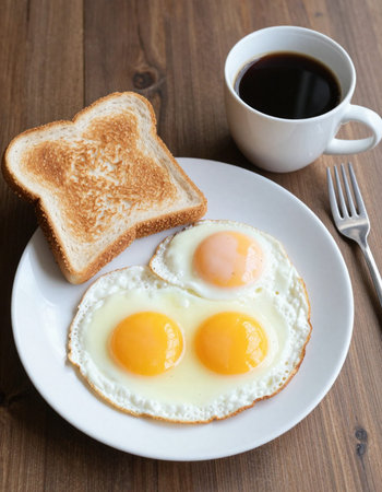 Breakfast with fried eggs, coffee and toast on a wooden table