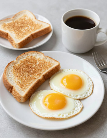 Breakfast with fried eggs and coffee on a light stone background.の写真素材