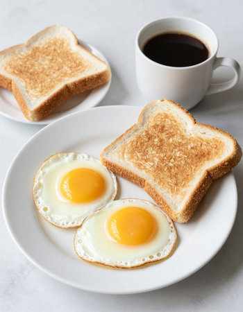 Breakfast with fried eggs and coffee on a white background, top view
