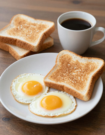 Breakfast with fried eggs and coffee on wooden table, stock photo