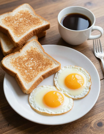 Breakfast with fried eggs, coffee and toast on wooden table.