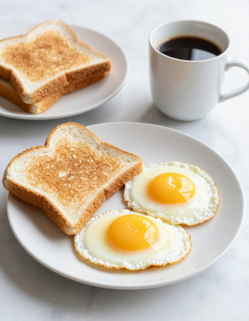 Breakfast with fried eggs, coffee and toast on white marble background