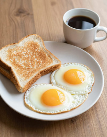 Breakfast with fried eggs and coffee on wooden table, stock photo