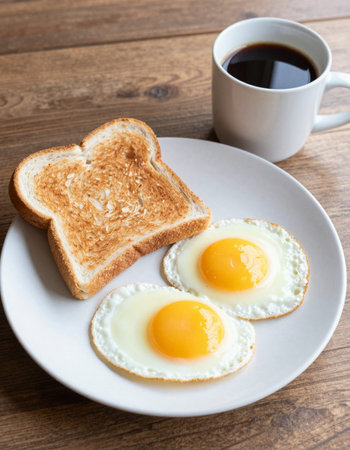 Breakfast with fried eggs and coffee on wooden table, stock photo