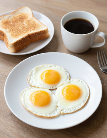 Breakfast with fried eggs and coffee on wooden table, stock photo