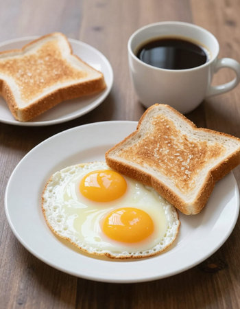Breakfast with fried egg and toast on wooden table, stock photoの写真素材