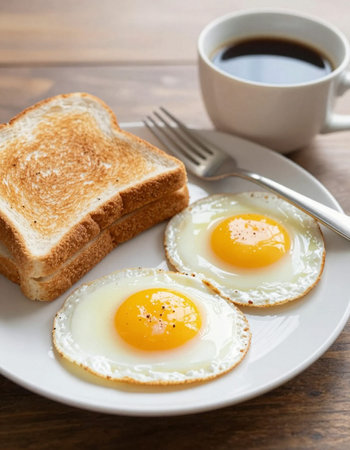 Breakfast with fried eggs and coffee on wooden table, stock photo