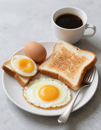 Breakfast with fried eggs, coffee and toast on a light background