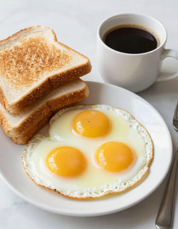 Breakfast with fried eggs, coffee and toast on a white background