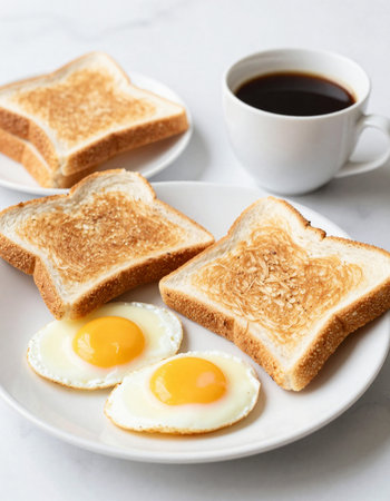 Breakfast with fried eggs in white plate and cup of black coffee