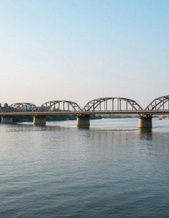 Railway bridge over the river, view from the water, close-upの写真素材