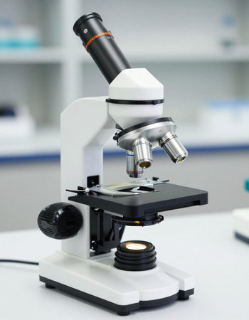 Close up of microscope in the scientific laboratory. Scientific research and development concept.