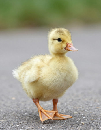 Little duckling walking on the road. Shallow depth of field.