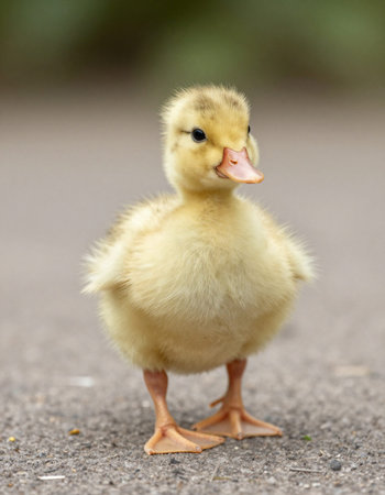 Cute little duckling standing on the ground and looking at camera