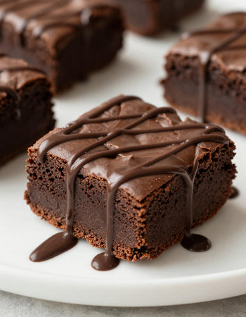 Chocolate cake with chocolate glaze on a white plate