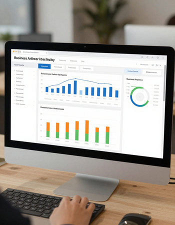 Businessman analyzing investment charts on computer screen. Accounting and finance concept.