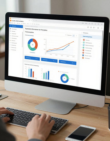 Businessman analyzing investment charts on computer screen. Accounting and finance concept