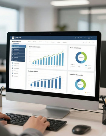 business, education, statistics and people concept - close up of woman with computer and charts on...