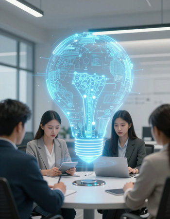 Group of business people working with new modern computer and light bulb hologram as concept.