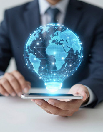 Businessman holding a tablet with a global business connection concept on the screen