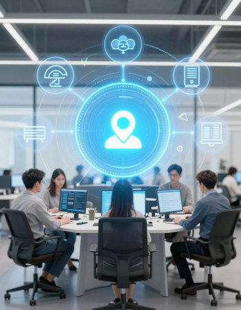 Group of business people working in modern office with virtual icon network connection