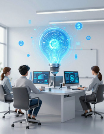 Business people working together in modern office with glowing lightbulb. 3D rendering