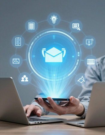 Businessman using mobile phone with email icon on the virtual screen.