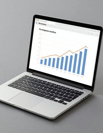Laptop with graph on screen on gray background. 3D illustration.