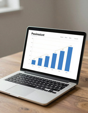 Laptop with financial chart on screen. Accounting and investment concept.