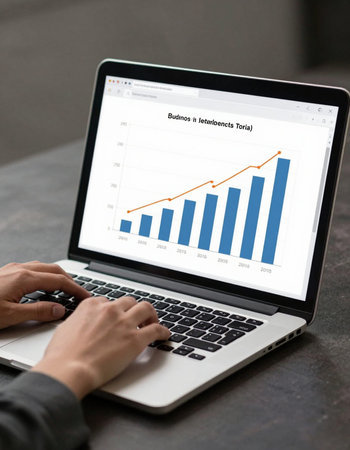 businessman working on laptop computer with financial graph and chart on screen