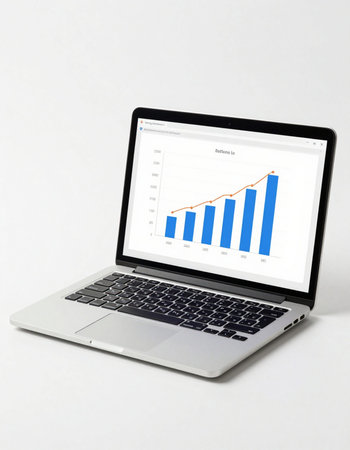 Laptop with business graph on the screen isolated on white background.