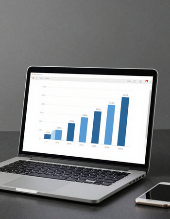 Laptop with business chart on screen, on grey background. Accounting concept
