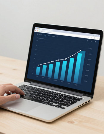 businessman working on laptop computer with financial graph on screen in office