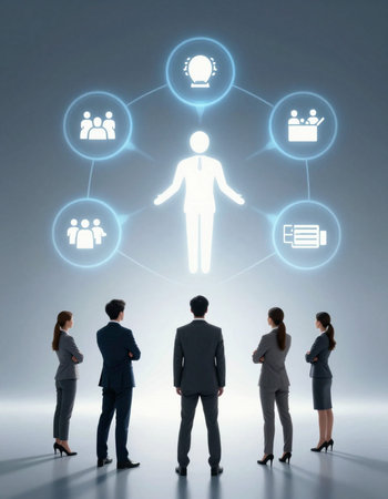 Group of business people with social network icons in front of grey background