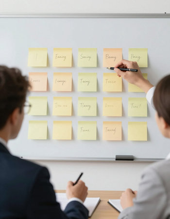 Business people writing on sticky notes in board during meeting, back view