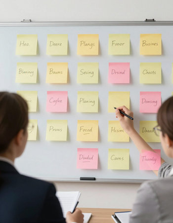 Businesswoman writing on sticky notes on whiteboard during meeting in office