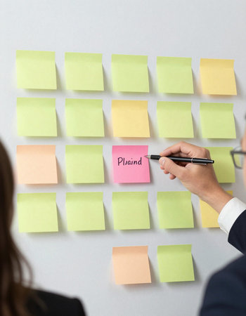 Businessman writing on sticky notes on the wall. Business concept.