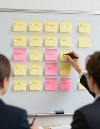 Businessman writing on sticky notes on the board during a business meeting