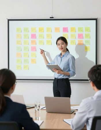 Asian businesswoman pointing at sticky notes on whiteboard in meeting room