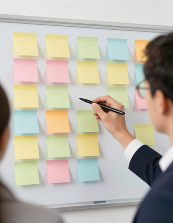 Businessman writing on sticky notes on whiteboard during meeting in office
