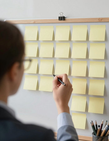 Businesswoman writing on sticky notes on wall in office, closeup
