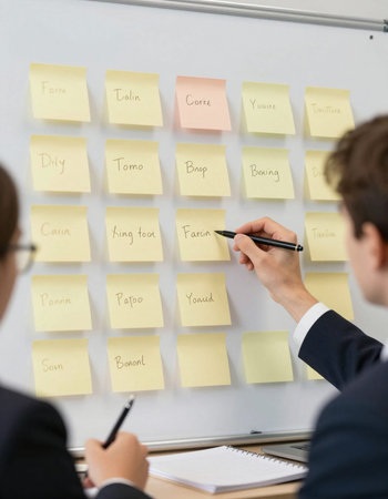 Businessman writing on sticky notes on whiteboard during meeting in office