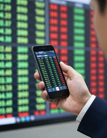Businessman holding a smartphone with stock market chart on the screen.