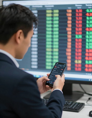 Businessman using a mobile phone with stock market data on the screen