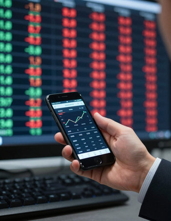 Businessman using a mobile phone with stock market data on the screen