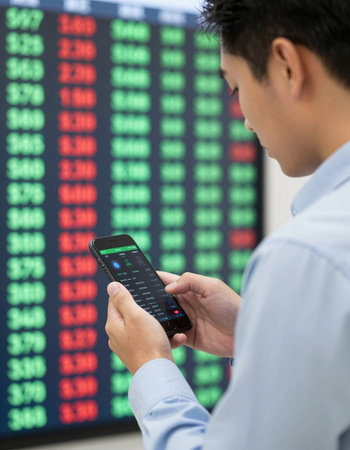 Businessman using mobile phone with stock exchange data on the screen.