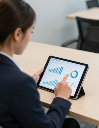 Businesswoman using tablet computer to analyze financial data in the office.